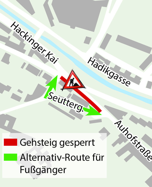 Die Baustelle in der Auhofstraße zwingt die Fußgänger zu einem Umweg. | Foto: Plan: APA, Grafik: zop-vieh