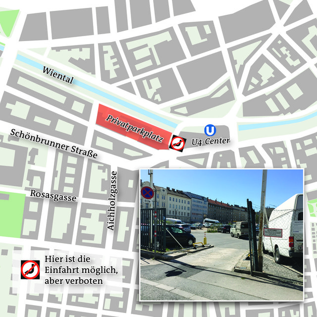 Dieser Parkplatz neben der Schönbrunner Straße wird seit Winter 2014 für Autofahrer zur Kostenfalle. | Foto: Grafik: APA/Ragendorfer; Foto: Ehrenberger