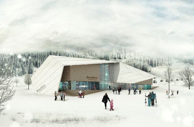 Das neue Seilbahncenter in Nauders bekommt eine Hülle in Form eines Kristalls. Die Fertigstellung ist zum Start der Wintersaison 2015/16 geplant. | Foto: Bergbahnen Nauders