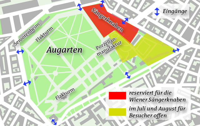 Erstmals sind die gelb markierten Bereiche im Augarten für Besucher geöffnet. Hingehen und ansehen. | Foto: © APA/Ragendorfer