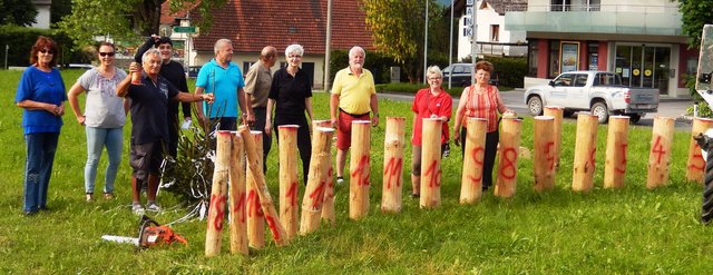 Maibaumschneiden Leonstein: Der bereits aufgeteilte Maibaum in Leonstein mit Gewinnern und SPÖ Funktionären. In der Mitte Bürgermeisterkandidatin Karin Boxleitner.