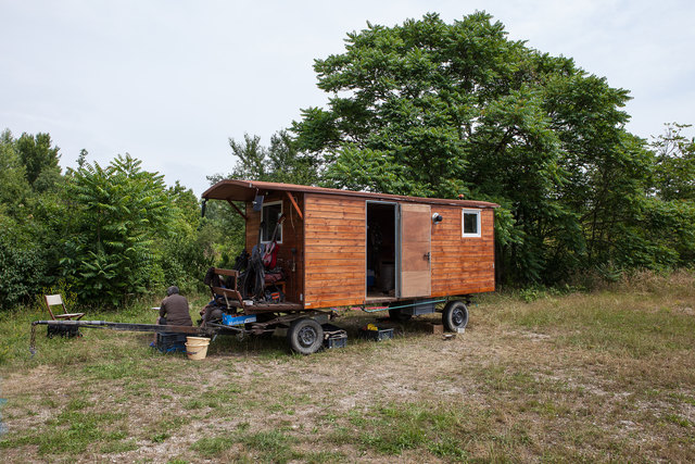 Der Pferdewagen der beiden Schäffer bei Ihrer Rast in Wien in der Lobau.