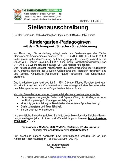  Stellenausschreibung Kindergarten-Pädagogin/en mit Schwerpunkt Sprache 