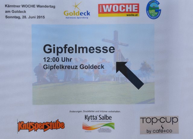 Ankündigung der Gipfelmesse am Goldeck um 12 Uhr.