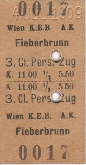 Zugkarte Fieberbrunn-Wien, 1909. | Foto: HV Pillersee