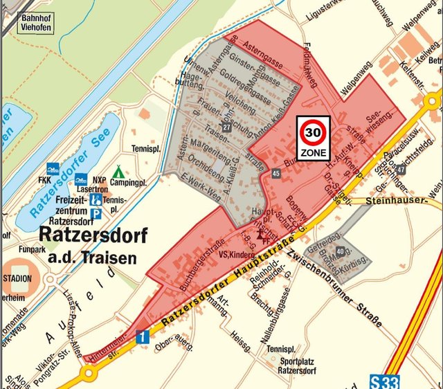 Der rot-gekennzeichnete Bereich zeigt die Erweiterung der 30er-Zone in Ratzersdorf.