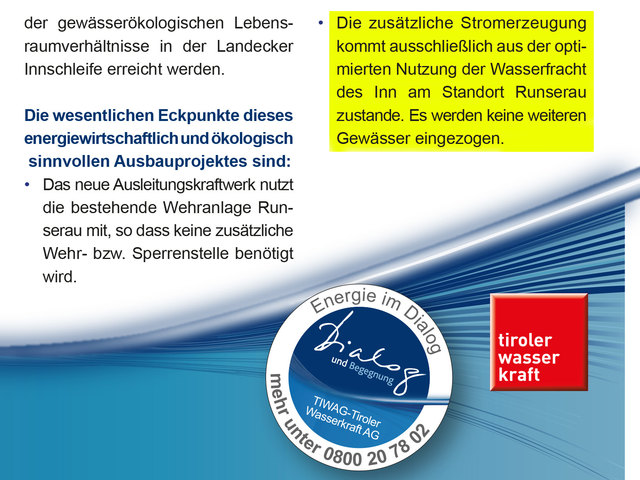 Ausschnitt vom Flyer, welcher von der TIWAG im August 2013 an jeden Haushalt versendet wurde. Dieser gelbe Kasten ist ein Hohn, denn weitere Gewässer können schon deshalb nicht mehr eingezogen werden, wenn man Wasser schon über 3 Täler vom Ötztal bis ins Inntal umleitet, Da bleibt kein Wasser mehr für einen weiteren Einzug übrig. | Foto: Scan vom Flyer der TIWAG und Absatz von mir gelb markiert
