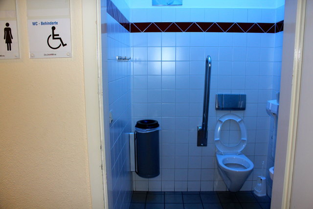 Im einzigen Behinderten WC des Amtshauses ist zu wenig Platz: Der Papierkorb an der Wand ist dort montiert, wo der Rollstuhl stehen müsste!
