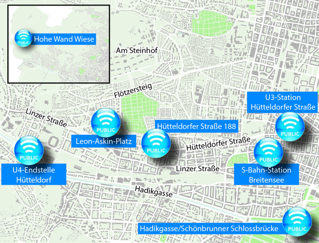 Das sind die WLAN-Hotspots im Bezirk. | Foto: Plan: APA/ Grafik: zop-vieh