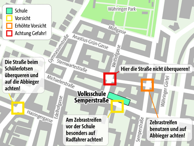 Volksschule Semperstraße: An vier Stellen heißt es für die Taferlklassler besonders aufpassen. | Foto: Foto: APA/Czervenka