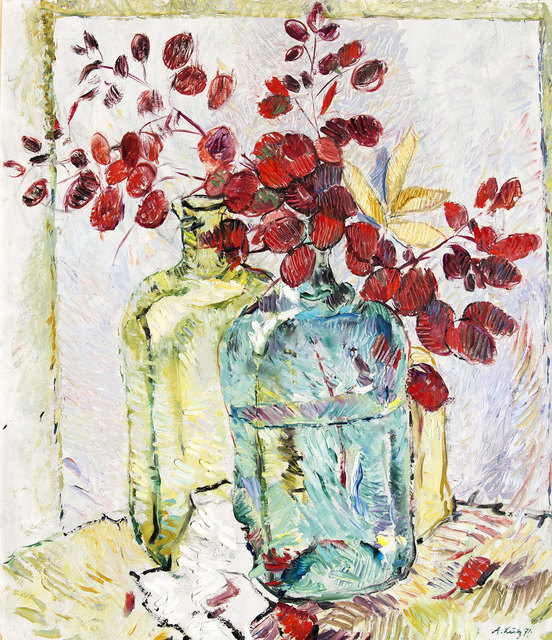 Anton Lutz, Glasflaschen mit roten Blättern, 1971, Öl, 64x55cm | Foto: Artemons