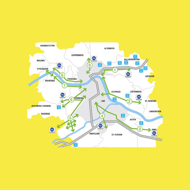 Auf der Grafik sieht man die neun geplanten oberösterreichischen Rad-Higways im Großraum Linz. | Foto: Land OÖ.