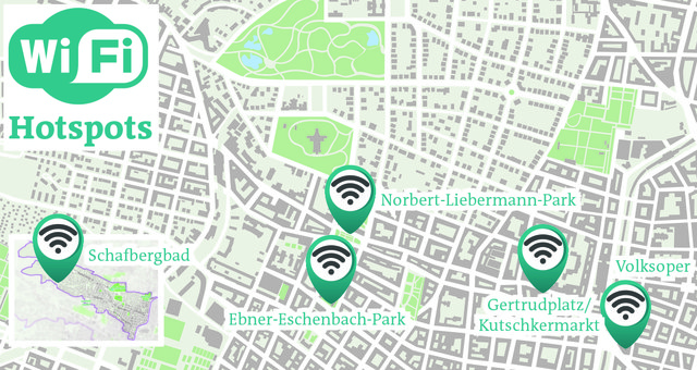 An diesen fünf Plätzen im 18. Bezirk kann man ab sofort kostenlos das öffentliche WLAN nutzen. | Foto: Plan: APA, Grafik: zop-vieh