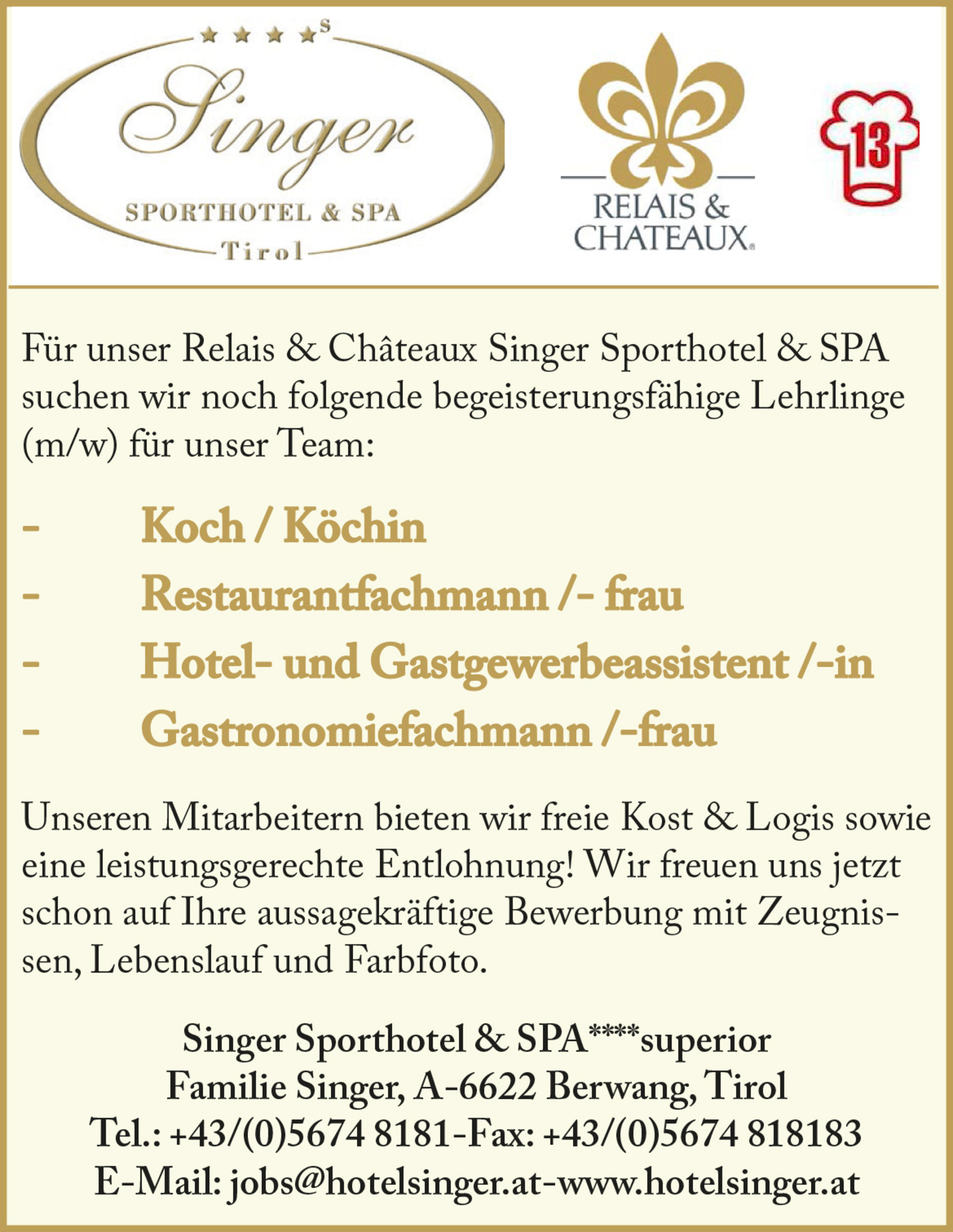 Sporthotel & SPA Singer - Lehrlinge gesucht: Koch/Köchin ...