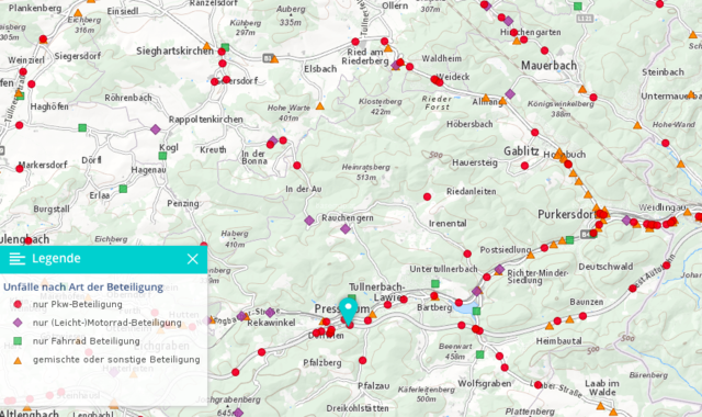 Die roten Punkte markieren die Unfallstellen in der Region, bei denen nur PKWs beteiligt waren. | Foto: Statistik Austria