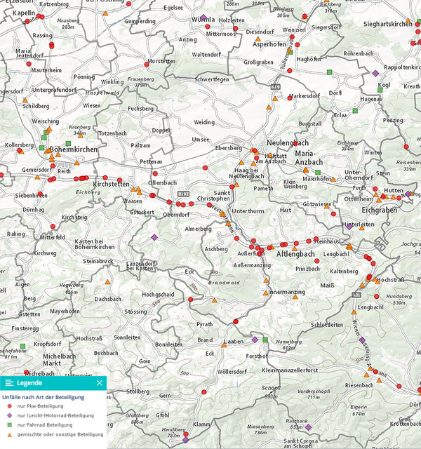 Die Statistik Austria weist auf einer Karte im Internet aus, wo es im vergangenen Jahr zu Unfällen gekommen ist. | Foto: Statistik Austria/Screenshot