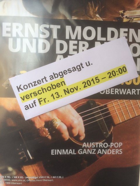 Absage des Konzerts von Ernst Molden und der Nino. Es wird am 13. November nachgeholt