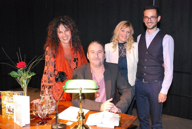 Die Autoren Christa Drussnitzer, Christiane Tschabitscher, Gerald Eschenauer und Pianist Manuel Graf (re.)