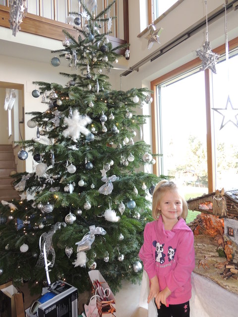 Das Christkind hat unseren Christbaum mit weißen Federn geschmückt, unsere Tochter Mona ist davon begeistert!