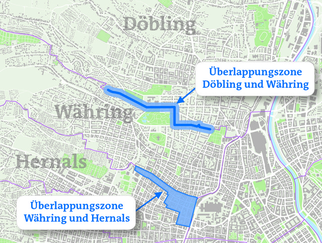 Wenn Währing das Parkpickerl einführt, soll es eine Überlappungszone im Kreuzgassenviertel geben. | Foto: Plan: APA, Grafik: Knoll