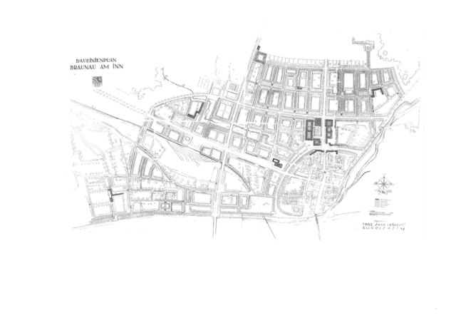 Im Baulinienplan für Braunau, erstellt von Architekt Rudolf Fröhlich aus dem Jahr 1942, wurde die geplante, zukünftige Stadtentwicklung festgelegt.