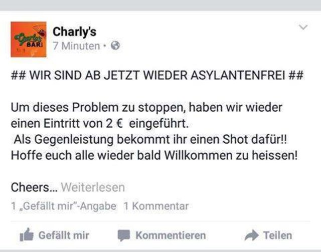 Dieses Facebook-Posting der Bar-Besitzerin sorgte für großen Wirbel und wurde schließlich von deren Sohn gelöscht, weil er deshalb mehrfach bedroht worden sei. | Foto: Screenshot Facebook