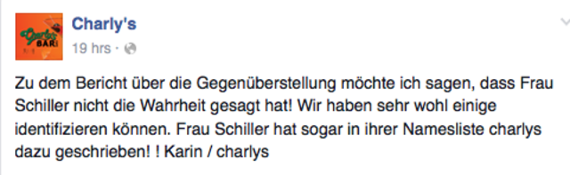 Beim Gespräch vom 12. Jänner revidierte die Charly's-Chefin diesen Facebook-Post laut Aussage von Ines Schiller. Siebrecht-Janisch versprach angeblich auch, dies via Facebook richtig zu stellen. | Foto: Screenshot