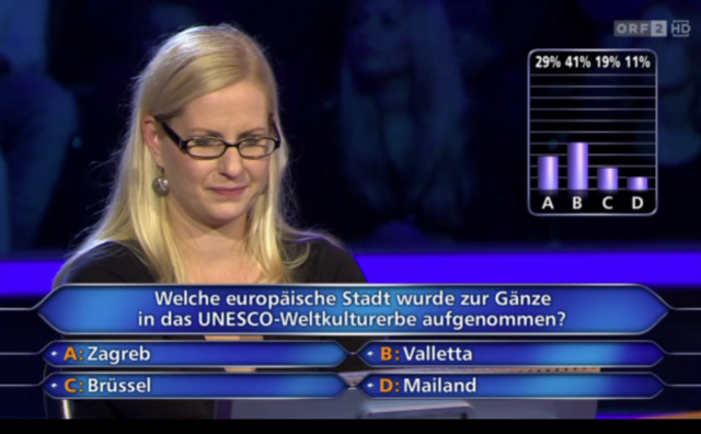 Judith Obermann musste bei Frage 9 zwei Joker einsetzen, um auf die richtige Antwort (Valletta) zu kommen. Zuvor meisterte sie alle Fragen souverän. | Foto: ORF