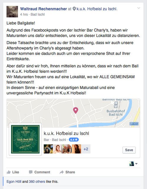 Aufgrund der Vorkommnisse haben sich die Organisatoren des Tourismusschulen-Maturaballs dazu entschieden, die Aftershow-Party von "Charly's Bar" in das "k.u.k Hofbeisl" zu verlegen. | Foto: Screenshot