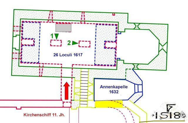 Das bisher grafisch nicht erfasste Untergeschoss der Kapelle mit den Standorten der Fresken (grüne Pfeile1,2) | Foto: Grafik Josef von Keller, Axel Huber