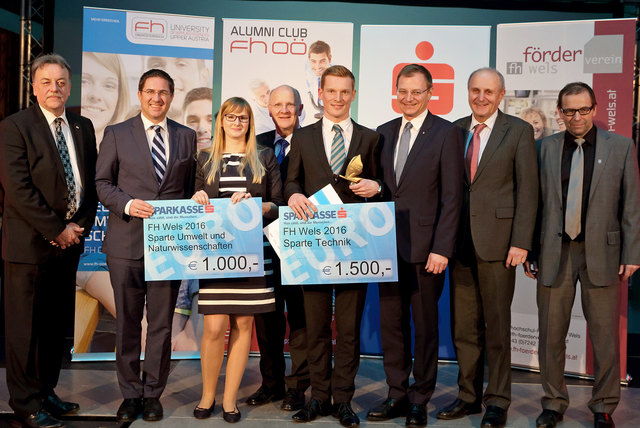 v.li.n.re FH OÖ-Geschäftsführer Gerald Reisinger, Bürgermeister Andreas Rabl,  Sophie Thallner, Sparkasse OÖ-Vorstandsvorsitzender Michael Rockenschaub, Thomas Mitterlehner, Landeshauptmann-Stv. Thomas Stelzer, FH-Förderverein-Wels-Obmann Günter Rübig, FH | Foto: Land OÖ/Kauder