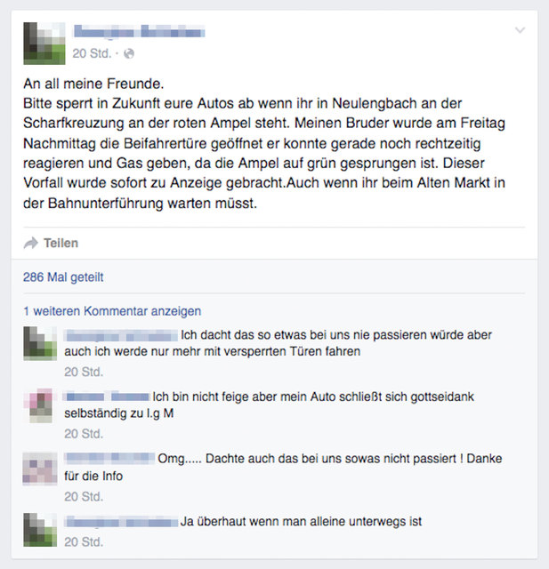 Zweites Posting: Bei der Ampel bei der Neulengbacher Scharfkreuzung soll eine Beifahrertür von einem Unbekannten geöffnet worden sein.