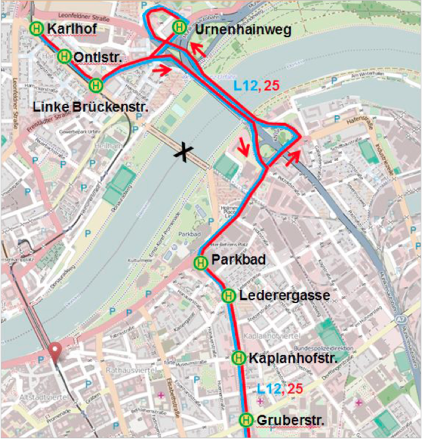 Die neuen Ausweichrouten der Buslinien 12 und 25 über die Voest-Brücke. Foto: Linz AG