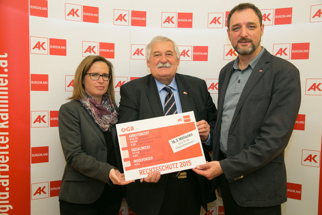 Präsentierten eine Rekordbilanz des AK/ÖGB-Rechtsschutzes für 2015 (v.l.n.r): AK-Expertin Doris Graser-Kern, AK-Präsident Alfred Schreiner und ÖGB-Landessekretär Gerhard Michalitsch. | Foto: AK Burgenland