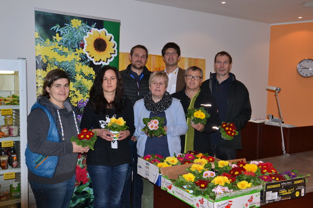 Christoph Buttinger (3.v.r.) und seine Standeskollegen überbrachten blumige Grüße an die Sozialmarkt-Mitarbeiter. | Foto: OÖ Gärtner