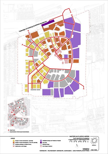 Im Masterplan zur Seestadt von 2007 ist bereits eine "Park & Ride"-Anlage an der U2-Station "Aspern Nord" vorgesehen (oberer Bildrand, violett). | Foto: Tovatt Architects & Planners AB / N+ Objektmanagement GmbH