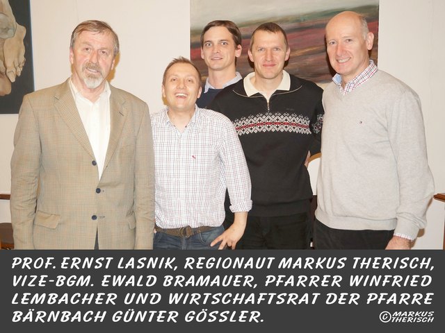 Prof. Ernst Lasnik, Reg. Markus Therisch, Vize-Bgm. Ewald Bramauer, Pfarrer Winfried Lembacher und Wirtschaftsrat Günter Gössler. Gewidmet an Dr. Christian Raith, Dr. Elisabeth Nunner, Bgm. Ernst Meixner, Biggi Sturm, Ulrike Rudorfer, Stadt Voitsberg, Werner Blumauer, Kurt Christof, Evelyne Oswald, Generalvikar Erich Linhardt, Lipizzanerheimat, SPÖ Voitsberg, Voitsberg, Lipizzanerheimt, Gratwein-Straßengel, Klinik Judendorf-Straßengel, Dr. Peter Grieshofer, Ulrike Rudorfer, Biggi Sturm, Vize-Bgm. Kurt Chri