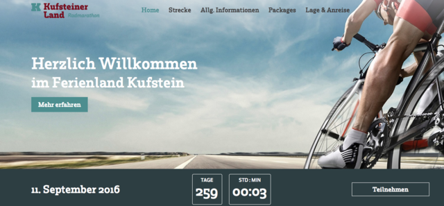 Links oben findet sich bereits das am 19. Februar präsentierte "Branding" nach den Vorstellungen der Projektgruppenmitglieder. Screenshot von "www.kufsteinerland-radmarathon.at" – "Ein externer Veranstalter", wie der TVB betont.