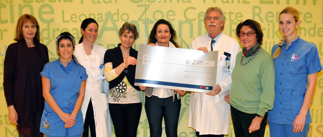 Überreichung der Spende an die Maltherapie: v.l. Barbara Fritz (ZONTA Club Innsbruck 1), MMag. Ursula Bayer (Präsidentin des ZONTA Clubs Innsbruck 1), Dr. Daria Daniaux (Maltherapeutin), Univ.-Prof. Dr. Alain Gustave Zeimet (Stv. Direktor der Universita | Foto: tirol kliniken/Jenewein