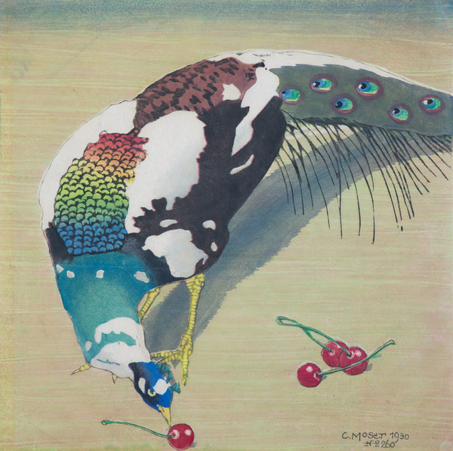 „Weiß gefleckter Pfau mit vier Kirschen“, Carl Moser, 1930. | Foto: Foto: privat. Repro: M. Boschi