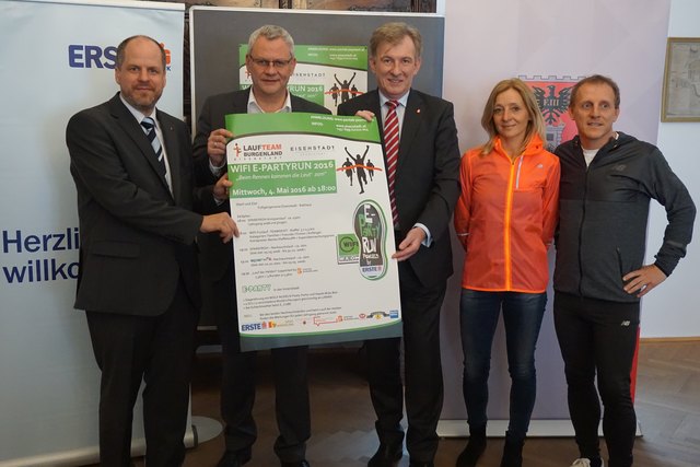 WIFI E-Partyrun-Sponsoren und Veranstalter: Georg Posch (Erste Bank), Bgm. Thomas Steiner, Alois Ecker (Energie Burgenland), Ursula Bredlinger und Rolf Meixner (Laufteam Burgenland Eisenstadt)
