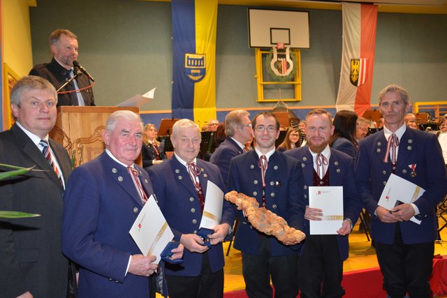 Bürgermeister Herbert Froschauer, Bezirksobmann Erhard Meinl, Johann Froschauer, Josef Langeder, Kpm. Martin „Joe“ Lettner, Obmann Josef Radlmüller, Stabführer Peter Baumfried | Foto: TMV