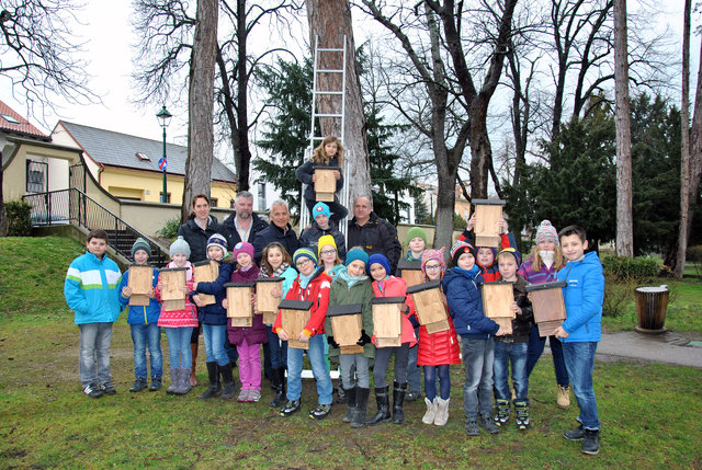 Die der 3c-Klasse, Lehrerin Katharina Lintner, dem stv. Leiter des Wirtschaftshofes Maria Enzersdorf, Klaus Jungwirth, und Karl Vokoun von der Koordinationsstelle für Fledermausschutz und -forschung in Österreich.