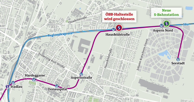 2019 wird die ÖBB-Haltestelle Hausfeldstraße geschlossen. | Foto: Plan: APA; Grafik: Knoll