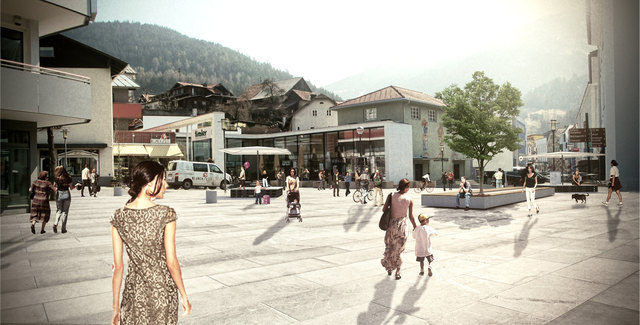 So könnte der neue Stadtplatz aussehen: Eine gemeinsame Begegnungszone auf einer Ebene – Wohlfühlen ist garantiert.   | Foto: Visualisierung: Harald Kröpfl