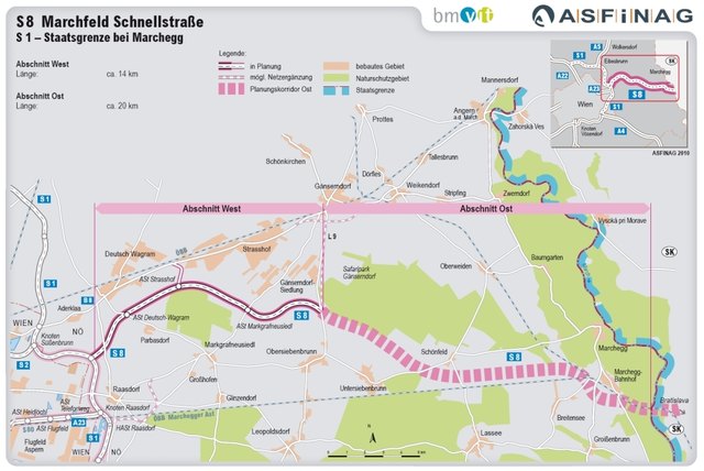 Der Westteil der Marchfeldschnellstraße S 8 soll nach Plänen der Asfinag 2020 in Betrieb gehen.