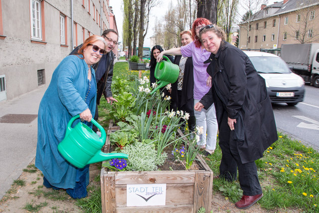 Stolz präsentierten Elisabeth Hufnagl (l.) und ihre Truppe die Gartenbeete an der Triester Straße. | Foto: geopho.com