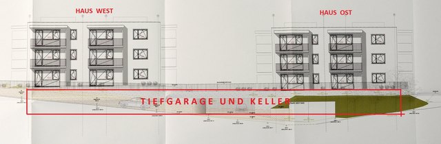 Die beiden dreigeschoßigen Wohnhäuser sitzen auf einem gemeinsamen Tiefgaragen- und Kellertrakt, in den direkt von der Radnigerstrasse aus eingefahren werden kann