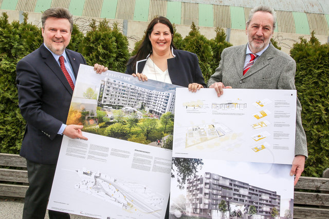 Senioren und Jugend leben Tür an Tür: So das Konzept der neuen Wohnhäuser, das Stadtrat Michael Ludwig, Gemeinderätin Kathrin Gaal und Bezirksvize Josef Kaindl (v.l.) präsentierten.