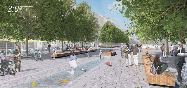 Am Leopold-Mistinger-Platz wird eines der Becken zu einem Wasserlauf umgestaltet.